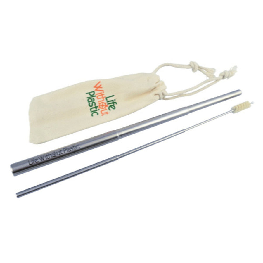 Telescopic Stainless Steel Straw and Cleaner with Natural Bristles in a Cotton Carrying Pouch